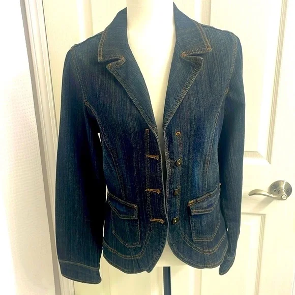 Vintage Tommy Hilfiger Dk Wash Denim Blazer Button Closure Pockets Fitted Size L - Picture 2 of 14